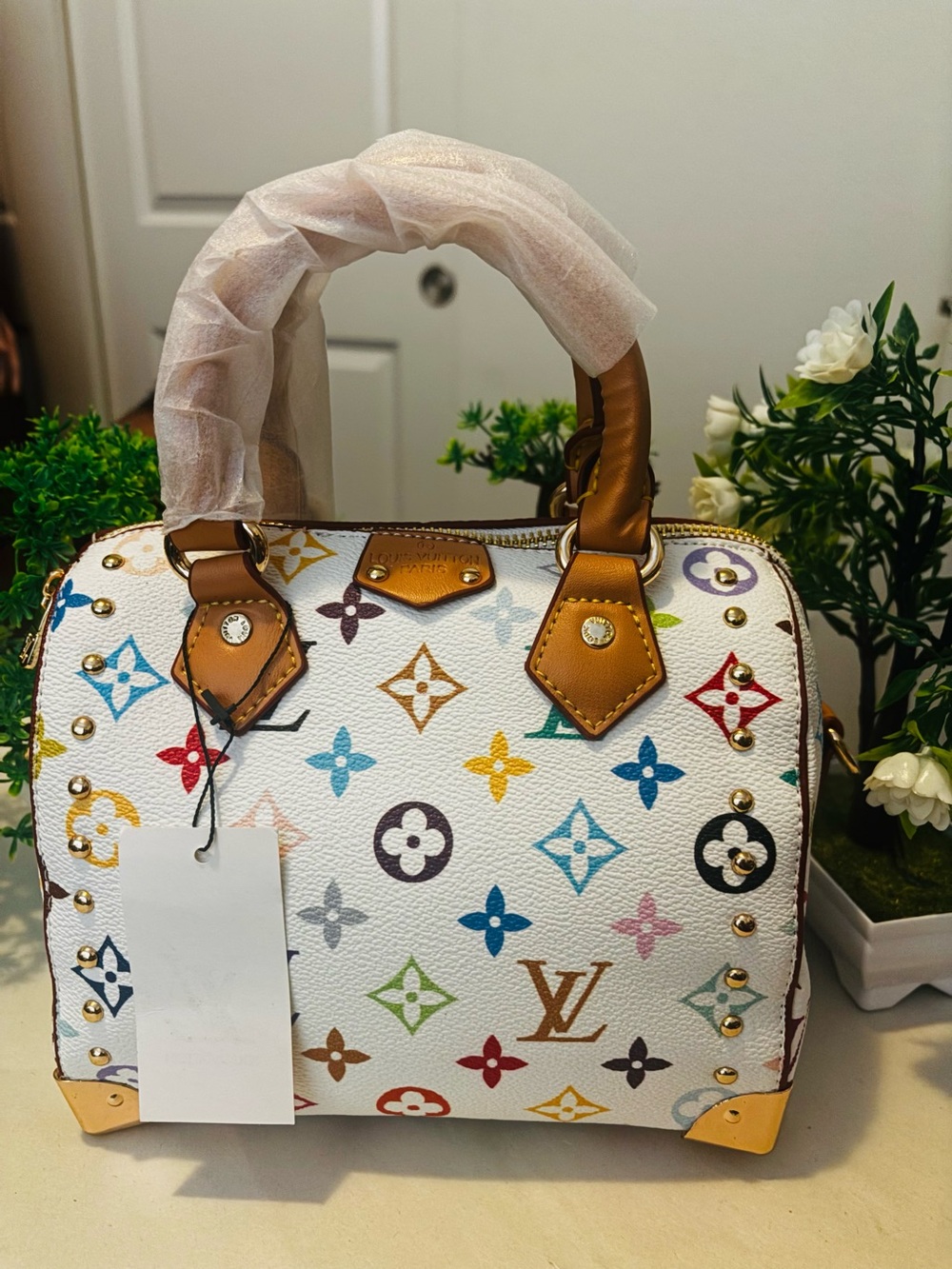 Source Unknown White Multicolor Monogram Satchel with Tan Accents